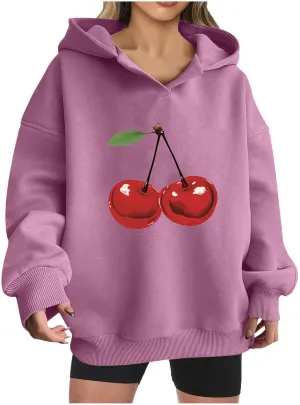 Womens Oversized Cherry Printed Hoodies Pullover Long Sleeve Cute Sweatshirt Tops Loose Fit Casual Tunic Blouses