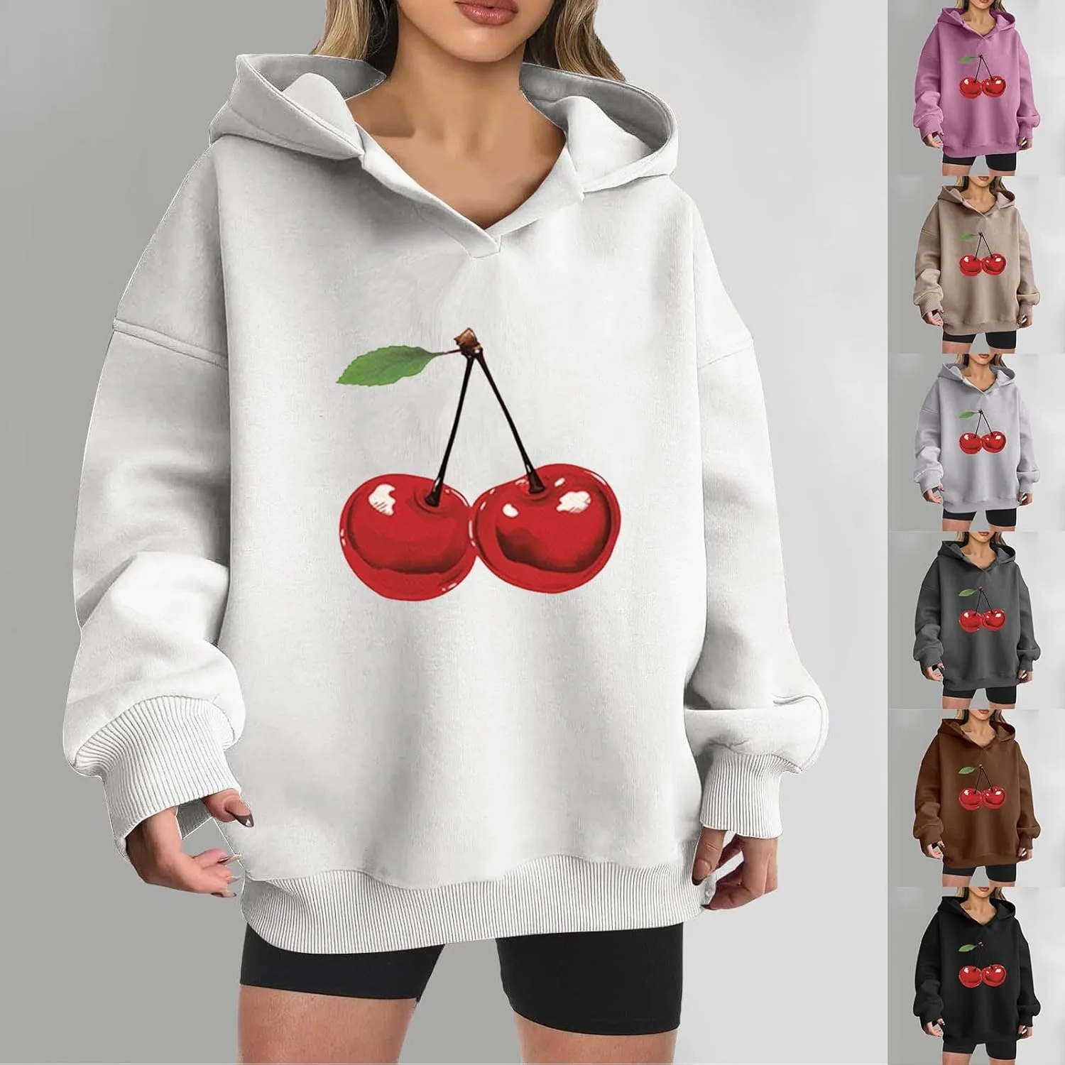Womens Oversized Cherry Printed Hoodies Pullover Long Sleeve Cute Sweatshirt Tops Loose Fit Casual Tunic Blouses