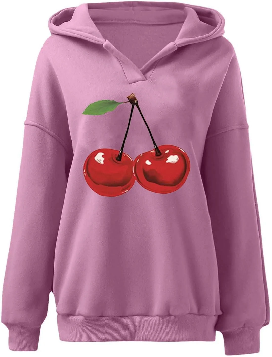 Womens Oversized Cherry Printed Hoodies Pullover Long Sleeve Cute Sweatshirt Tops Loose Fit Casual Tunic Blouses
