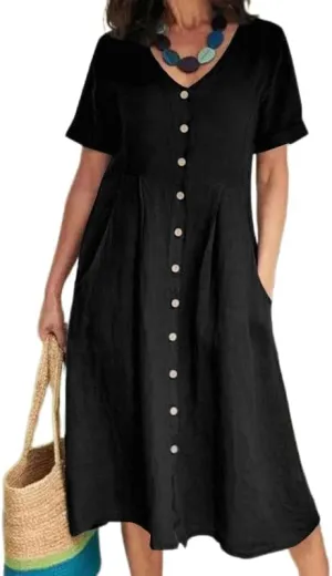 Womens Plus Size Cotton Linen Midi Dress V Neck Button Summer Dresses Short Sleeve Solid A Line Dress with Pockets