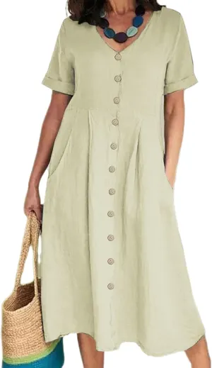 Womens Plus Size Cotton Linen Midi Dress V Neck Button Summer Dresses Short Sleeve Solid A Line Dress with Pockets