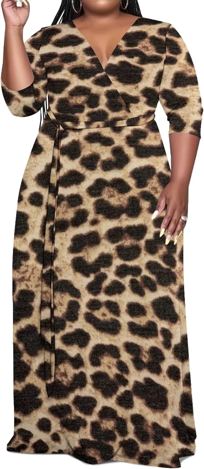 Women's Plus Size Maxi Dress Summer Casual 3/4 Sleeve African Style Fashion V Neck Sexy Flowing Dress with Belt