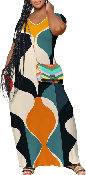 Women's Plus Size Summer Dresses Print Maxi Dresses Flowy Sundresses Plus Size A-Line Skirts for Curvy Women