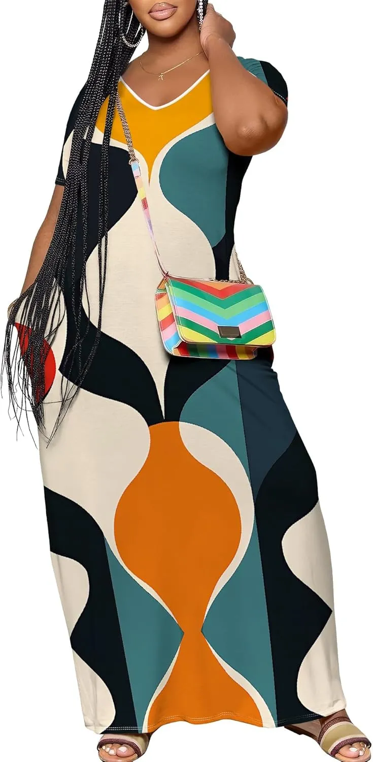 Women's Plus Size Summer Dresses Print Maxi Dresses Flowy Sundresses Plus Size A-Line Skirts for Curvy Women