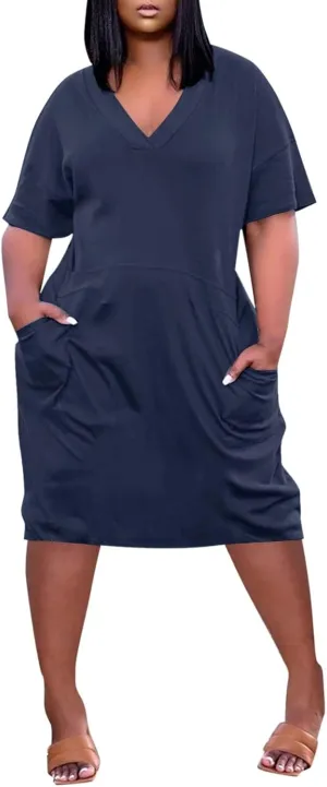 Womens Plus Size Summer Dresses V Neck Short Sleeve Knee Length Dress Oversized Tshirt Midi African Dresses w/Pockets