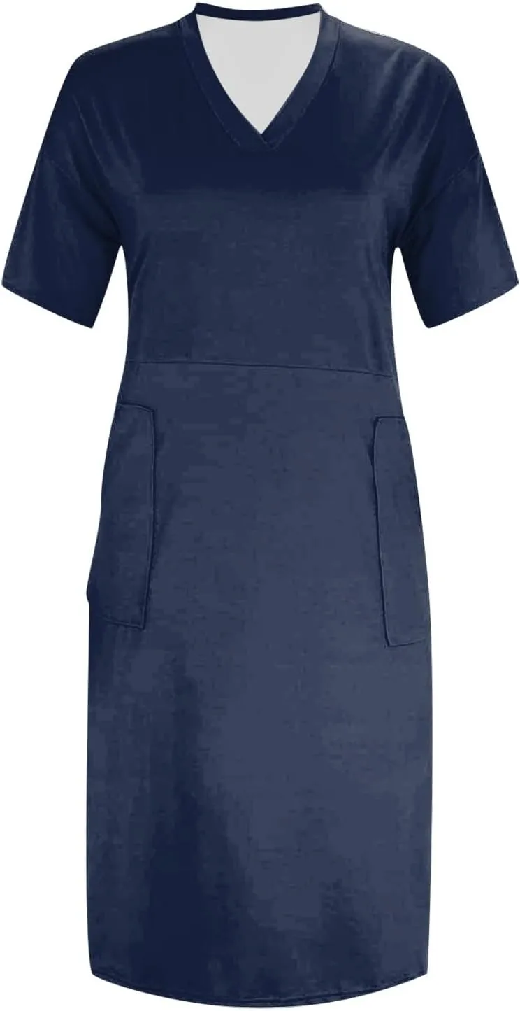 Womens Plus Size Summer Dresses V Neck Short Sleeve Knee Length Dress Oversized Tshirt Midi African Dresses w/Pockets