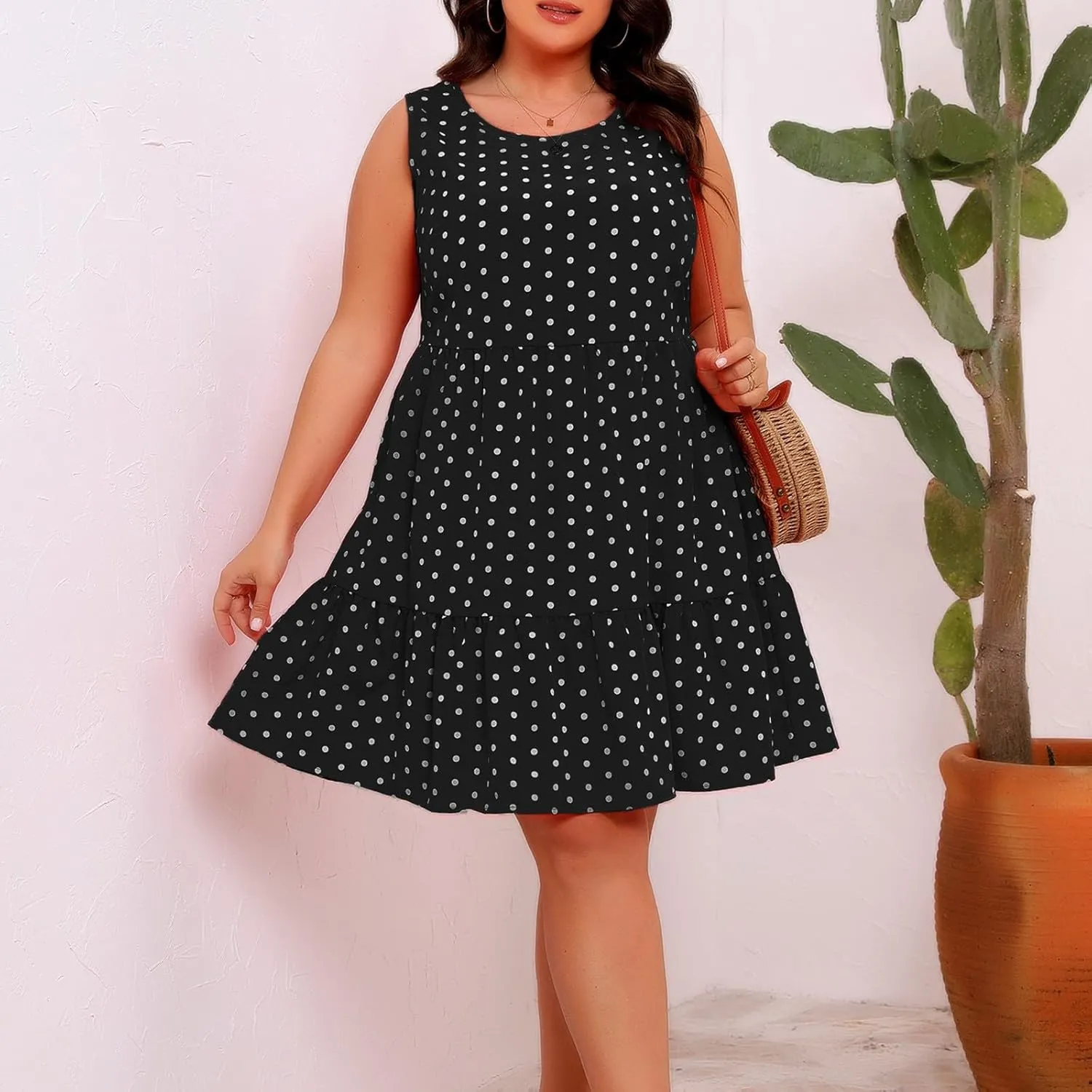 Womens Plus Size Tank Dresses Fashion Bohemian Polkadot Sleeveless Crewneck Swing Flowy Midi Dress Beach Sundress
