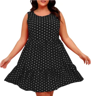 Womens Plus Size Tank Dresses Fashion Bohemian Polkadot Sleeveless Crewneck Swing Flowy Midi Dress Beach Sundress
