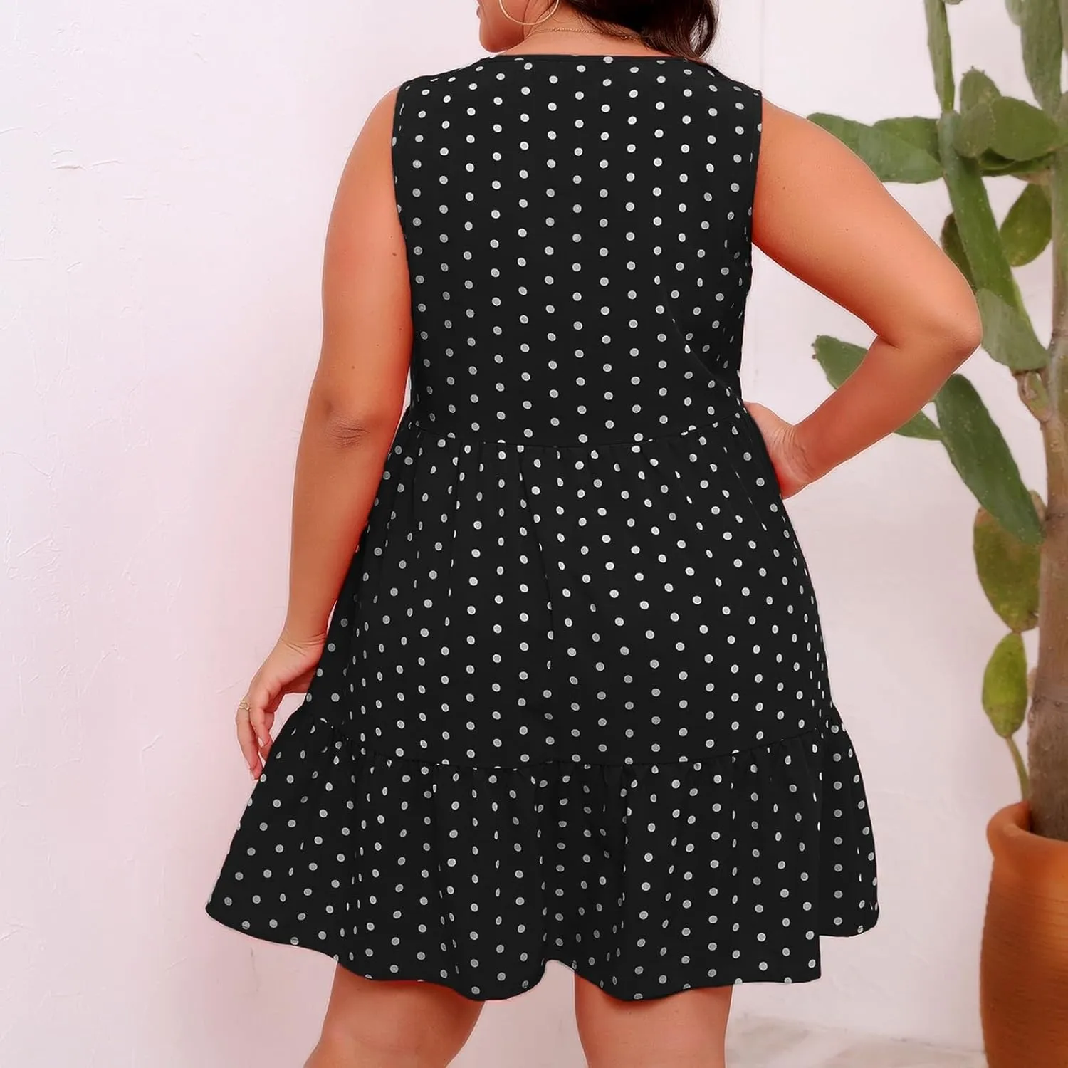 Womens Plus Size Tank Dresses Fashion Bohemian Polkadot Sleeveless Crewneck Swing Flowy Midi Dress Beach Sundress