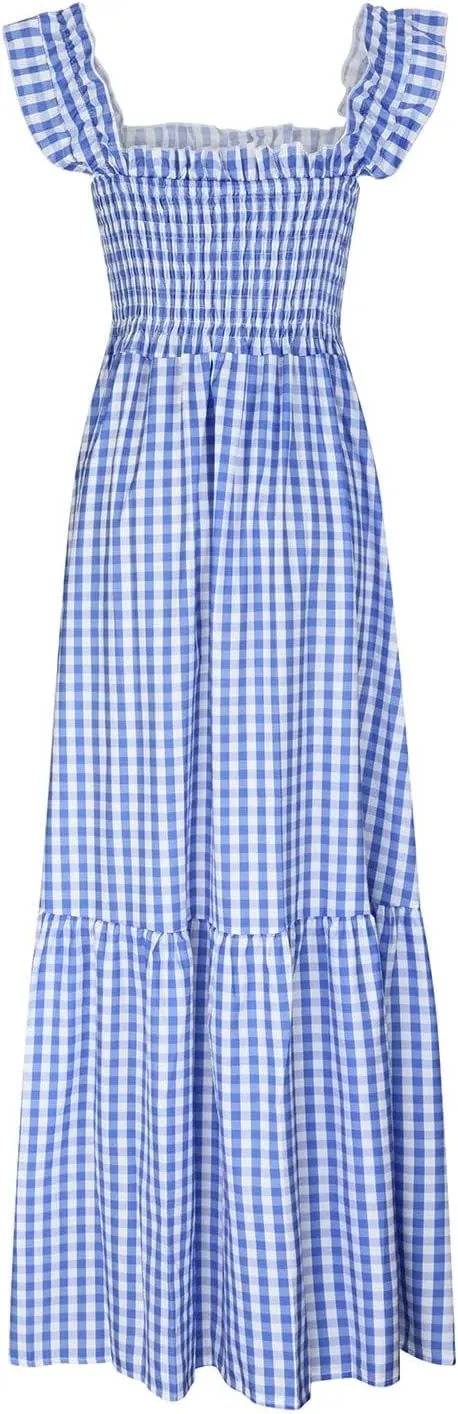 Women's Retro Plaid Smocked Dress Summer Sleeveless Spaghetti Strap Square Neck A-Line Maxi Long Beach Sundress
