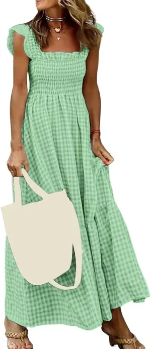 Women's Retro Plaid Smocked Dress Summer Sleeveless Spaghetti Strap Square Neck A-Line Maxi Long Beach Sundress