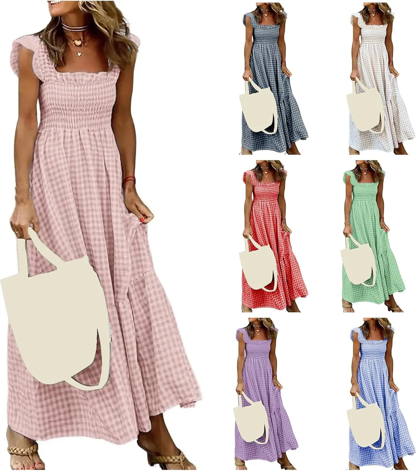 Women's Retro Plaid Smocked Dress Summer Sleeveless Spaghetti Strap Square Neck A-Line Maxi Long Beach Sundress