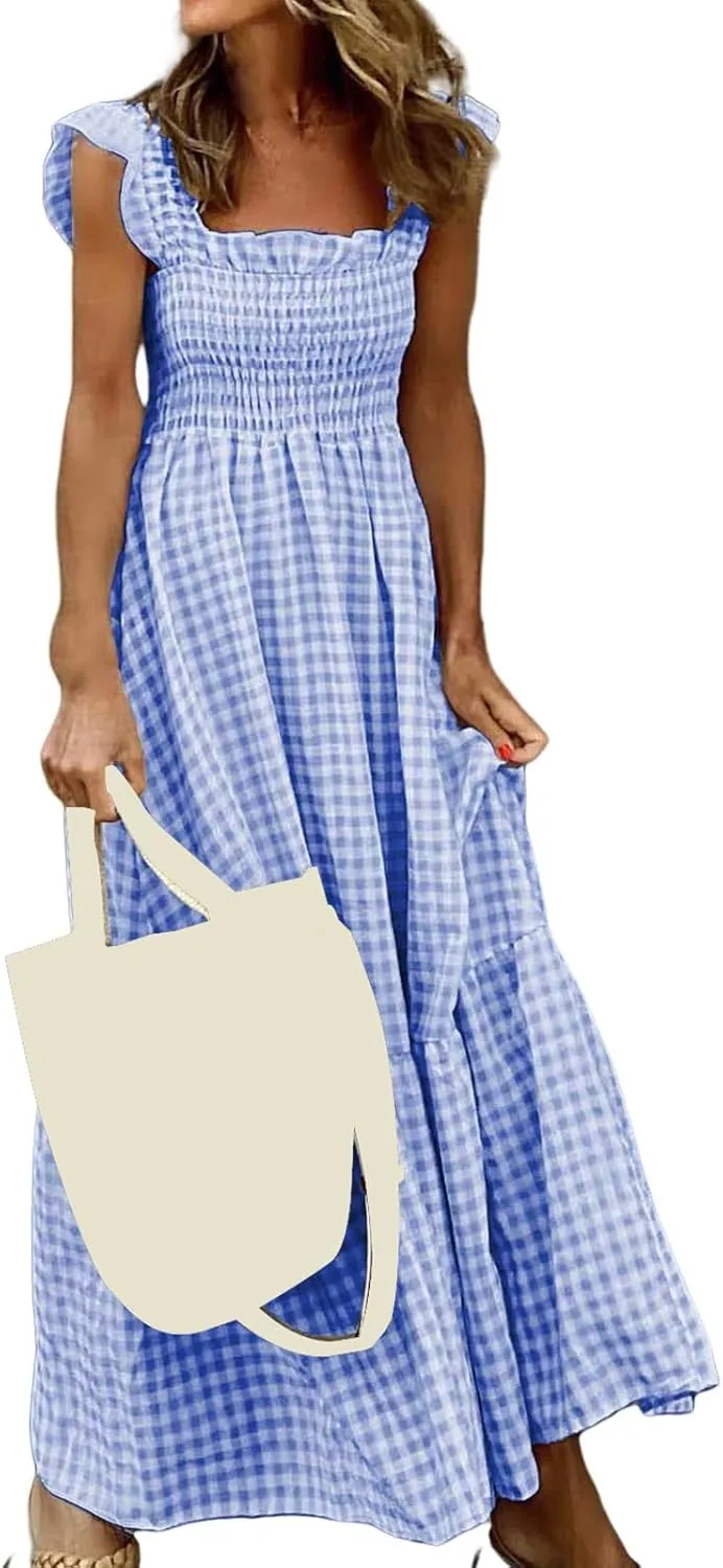Women's Retro Plaid Smocked Dress Summer Sleeveless Spaghetti Strap Square Neck A-Line Maxi Long Beach Sundress