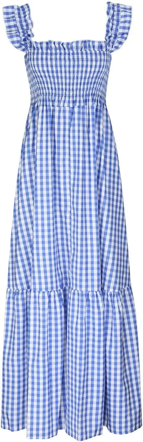 Women's Retro Plaid Smocked Dress Summer Sleeveless Spaghetti Strap Square Neck A-Line Maxi Long Beach Sundress