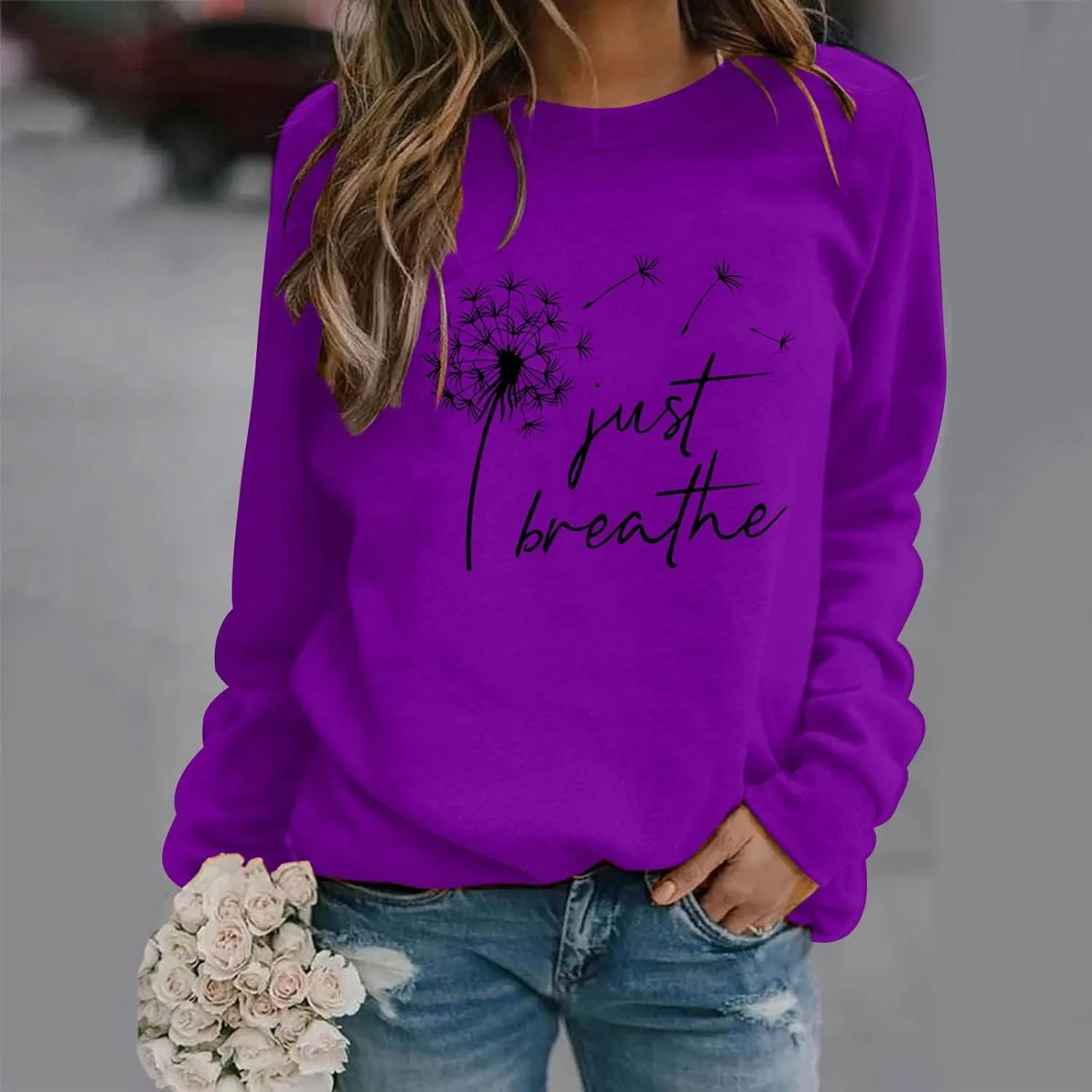 Womens Round Neck Sweatshirts Just Breathe Letter Print Dandelion Graphic Pullover Long Sleeve Casual Sweatshirt Tops