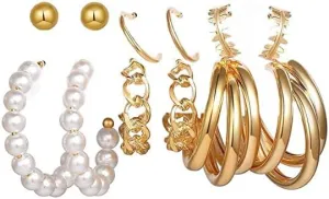 Women's Set of 6 Quirky Minimalist Hoops and Cuffs Hoops Pearl Hoops Small en Hoops Earrings Combo Daily Wear Casual Wear Office Wear Party Wear Skin Friendly (Onesize) (Gold)