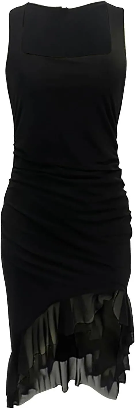 Women's Sexy Ruched Bodycon Midi Dresses Square Neck Sleeveless Side Split Ruffle Hem Cocktail Party Club Dresses