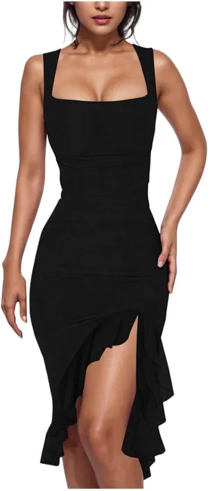 Women's Sexy Ruched Bodycon Midi Dresses Square Neck Sleeveless Side Split Ruffle Hem Cocktail Party Club Dresses