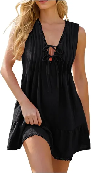 Women's Sexy Sleeveless Mini Dress Ruffle Deep Tie V Neck Chest Drawstring Bodycon Mini Club Dress for Beach Party