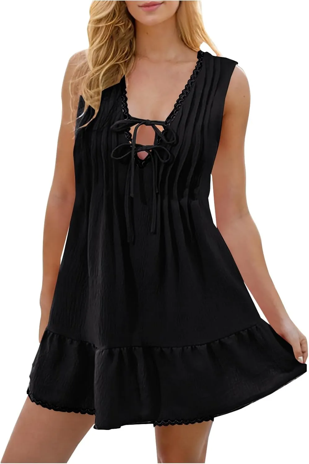 Women's Sexy Sleeveless Mini Dress Ruffle Deep Tie V Neck Chest Drawstring Bodycon Mini Club Dress for Beach Party