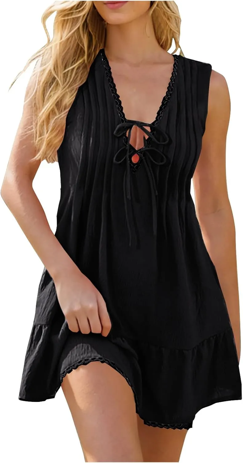 Women's Sexy Sleeveless Mini Dress Ruffle Deep Tie V Neck Chest Drawstring Bodycon Mini Club Dress for Beach Party
