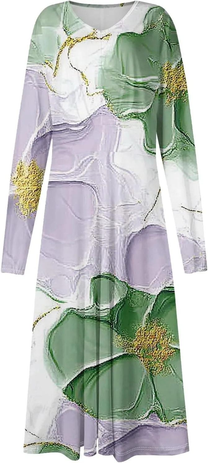 Women's Simple Gradient Long Sleeve Dress Pretty Casual V-Neck Summer Maxi Dresses