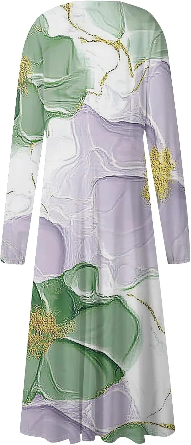 Women's Simple Gradient Long Sleeve Dress Pretty Casual V-Neck Summer Maxi Dresses