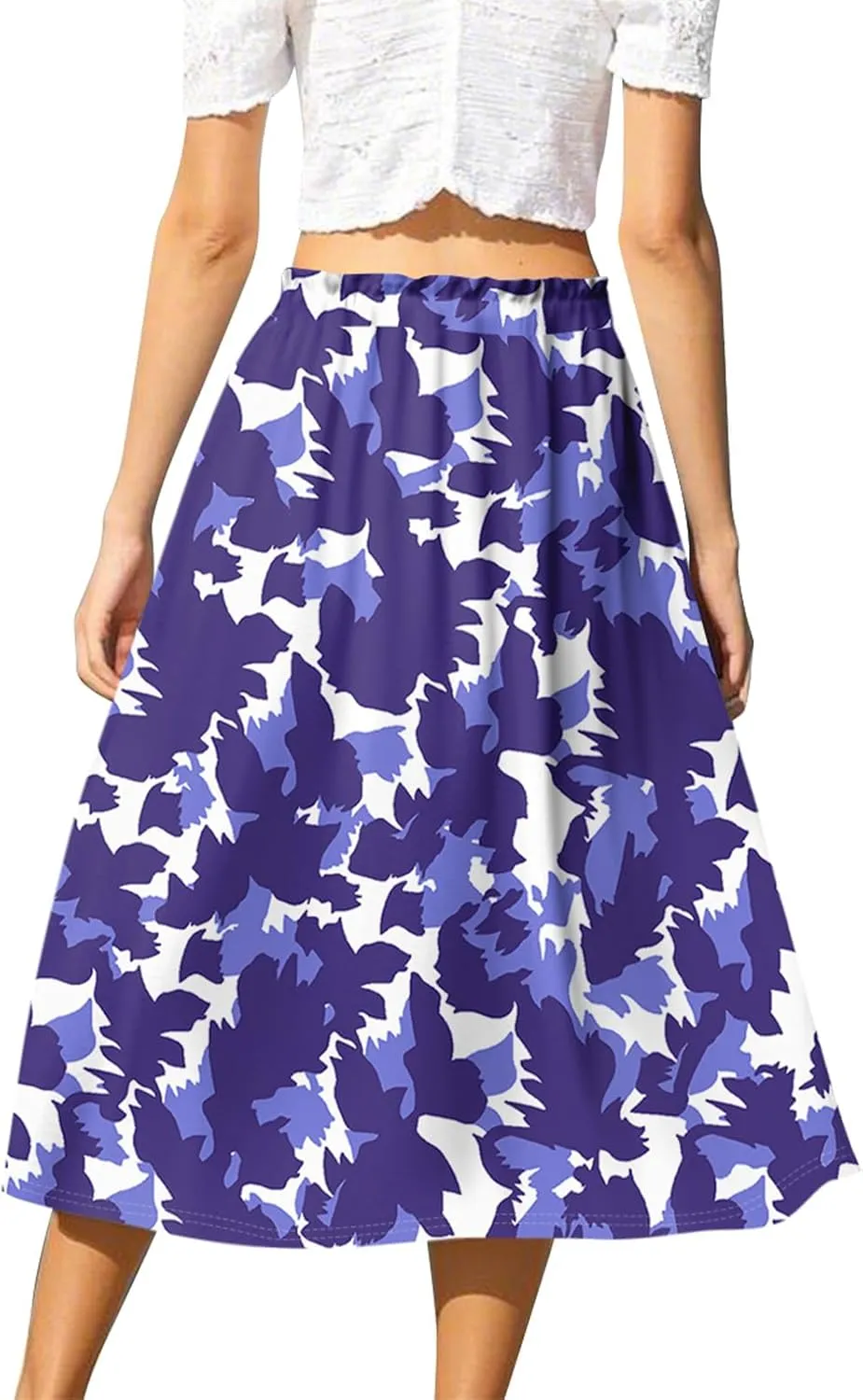 Women's Skirts Midi Flowy Summer Drawstring Elastic High Waist Knee Length Skirt A-Line Floral Pleated Skirt