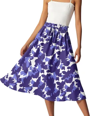Women's Skirts Midi Flowy Summer Drawstring Elastic High Waist Knee Length Skirt A-Line Floral Pleated Skirt