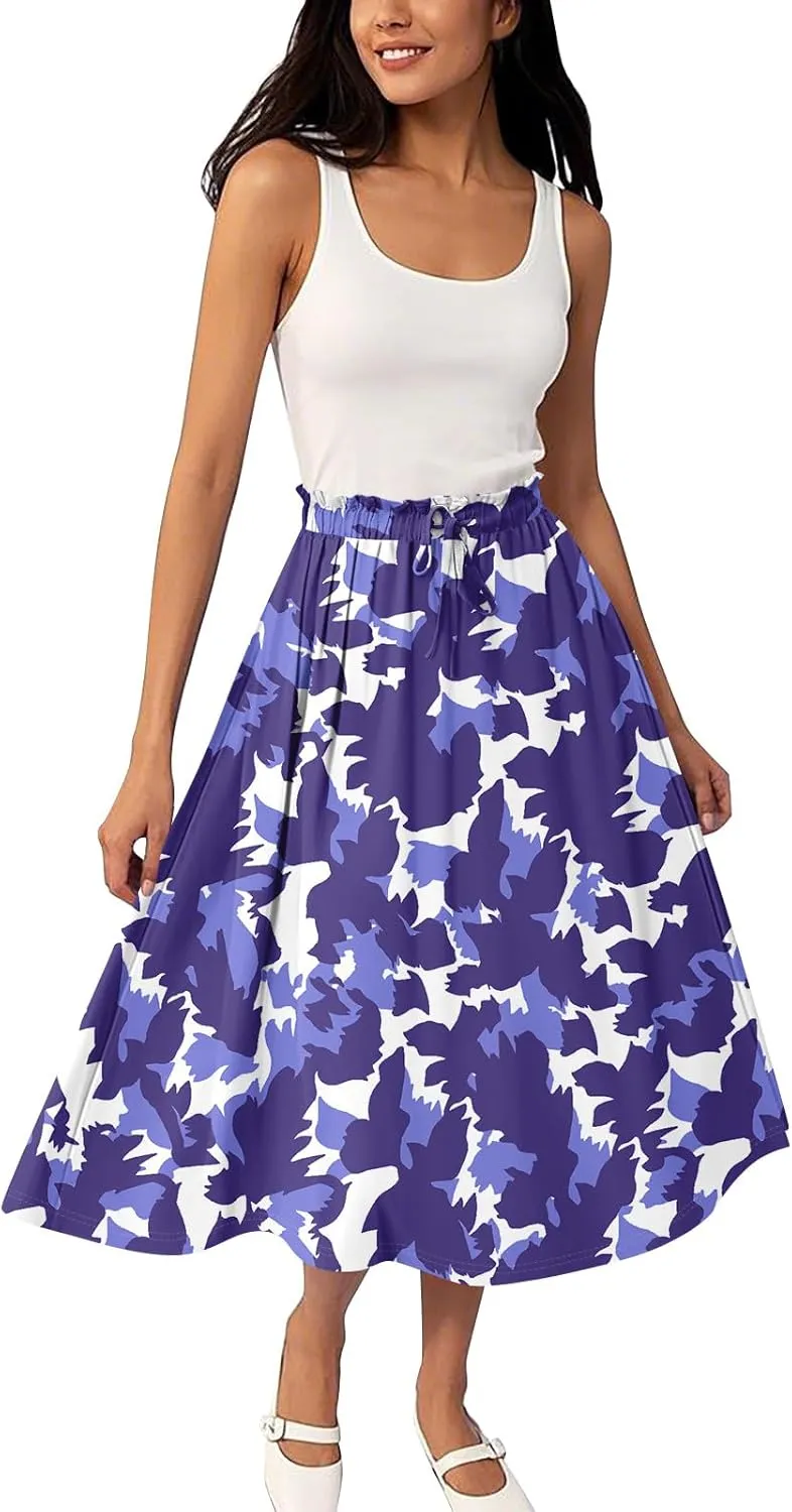 Women's Skirts Midi Flowy Summer Drawstring Elastic High Waist Knee Length Skirt A-Line Floral Pleated Skirt