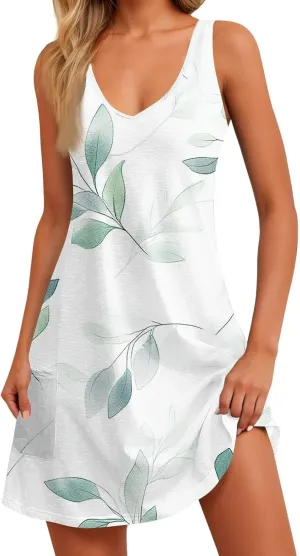 Women's Sleeveless Gradient Nightgown with Print, Soft V-Neck Sleepwear for Comfortable Nighttime Relaxation