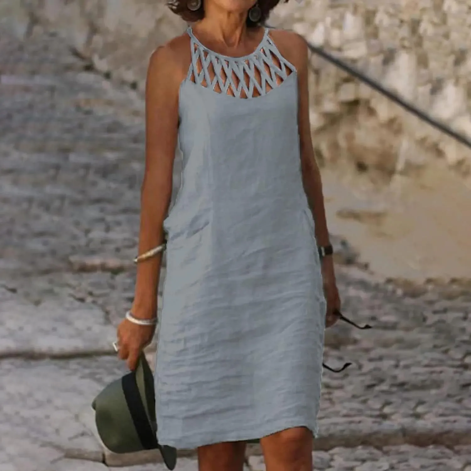 Womens Sleeveless Linen Dresses Halter Neck Summer Dress Casual Midi Sundress Trendy Beach Vacation Outfits
