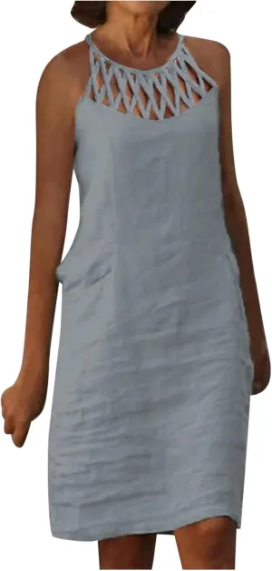 Womens Sleeveless Linen Dresses Halter Neck Summer Dress Casual Midi Sundress Trendy Beach Vacation Outfits