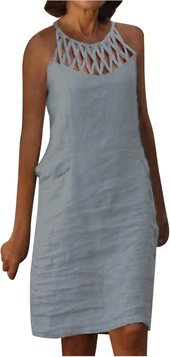 Womens Sleeveless Linen Dresses Halter Neck Summer Dress Casual Midi Sundress Trendy Beach Vacation Outfits