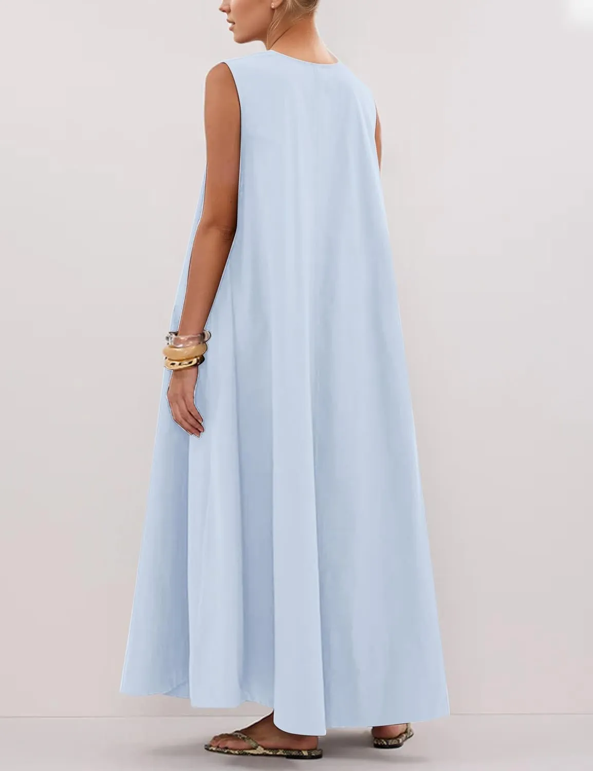 Womens Sleeveless Scoop Neck Long Dress Wide Shoulder Ruched Relaxed Summer Beach Vacation Maxi Sundress