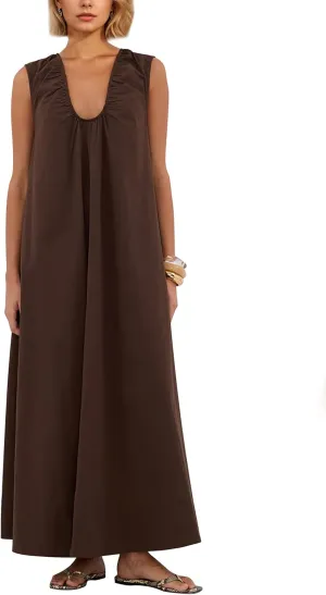 Womens Sleeveless Scoop Neck Long Dress Wide Shoulder Ruched Relaxed Summer Beach Vacation Maxi Sundress