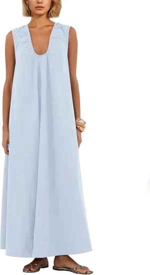 Womens Sleeveless Scoop Neck Long Dress Wide Shoulder Ruched Relaxed Summer Beach Vacation Maxi Sundress