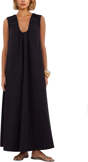 Womens Sleeveless Scoop Neck Long Dress Wide Shoulder Ruched Relaxed Summer Beach Vacation Maxi Sundress