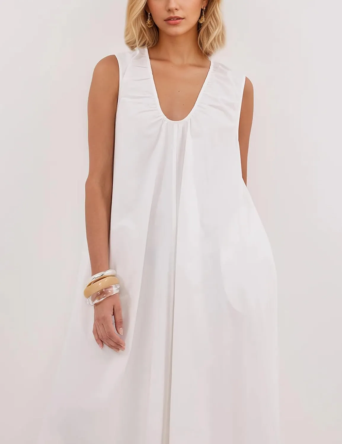 Womens Sleeveless Scoop Neck Long Dress Wide Shoulder Ruched Relaxed Summer Beach Vacation Maxi Sundress