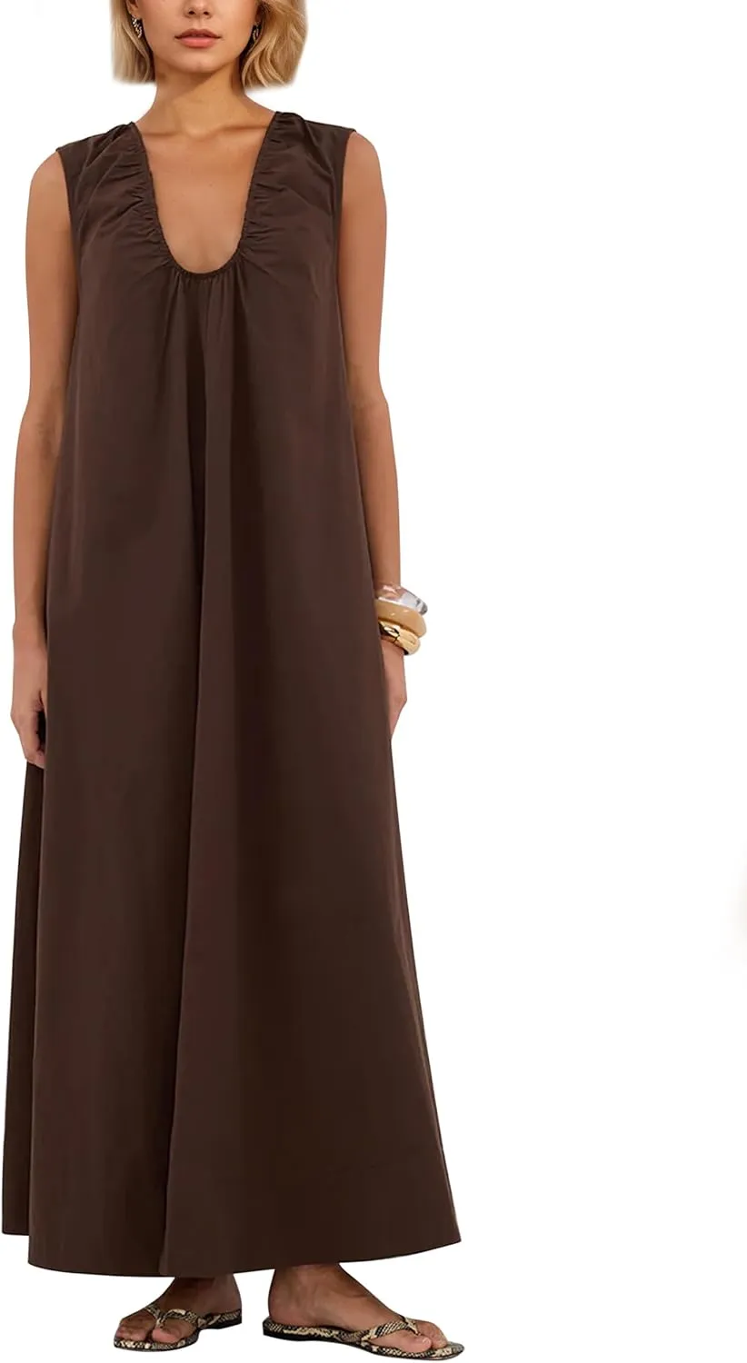 Womens Sleeveless Scoop Neck Long Dress Wide Shoulder Ruched Relaxed Summer Beach Vacation Maxi Sundress