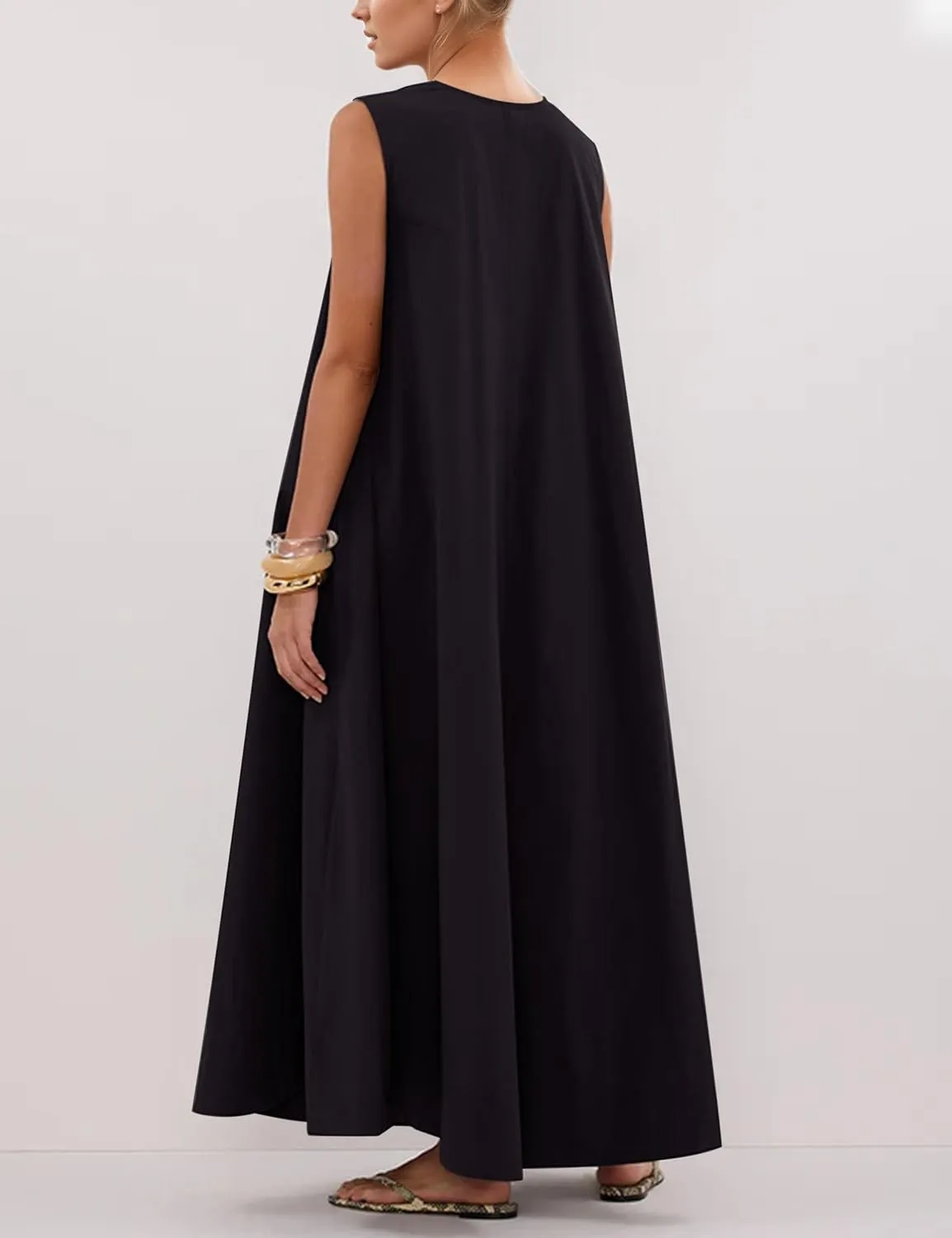 Womens Sleeveless Scoop Neck Long Dress Wide Shoulder Ruched Relaxed Summer Beach Vacation Maxi Sundress