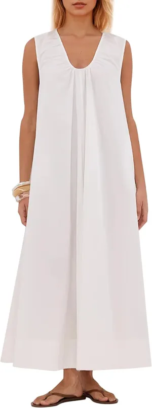 Womens Sleeveless Scoop Neck Long Dress Wide Shoulder Ruched Relaxed Summer Beach Vacation Maxi Sundress