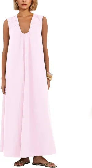 Womens Sleeveless Scoop Neck Long Dress Wide Shoulder Ruched Relaxed Summer Beach Vacation Maxi Sundress