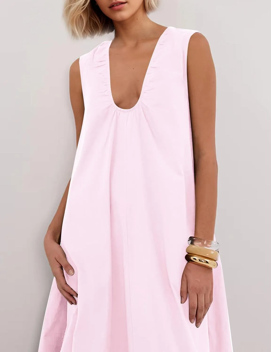 Womens Sleeveless Scoop Neck Long Dress Wide Shoulder Ruched Relaxed Summer Beach Vacation Maxi Sundress