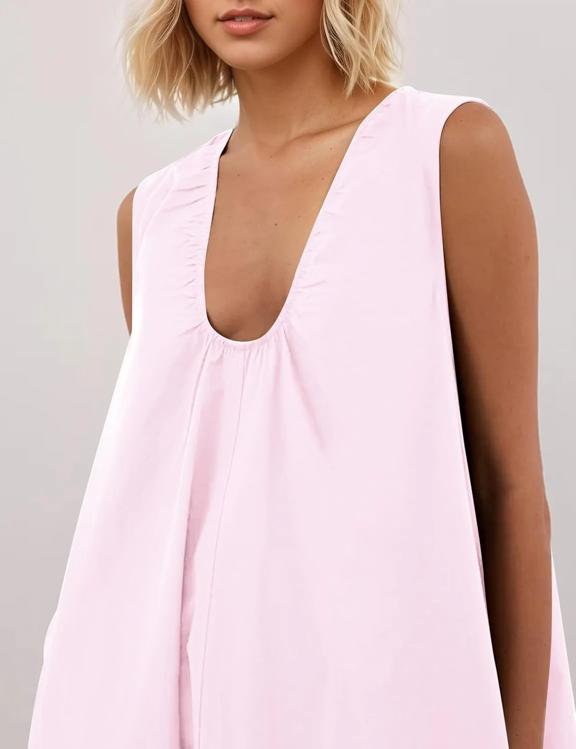 Womens Sleeveless Scoop Neck Long Dress Wide Shoulder Ruched Relaxed Summer Beach Vacation Maxi Sundress