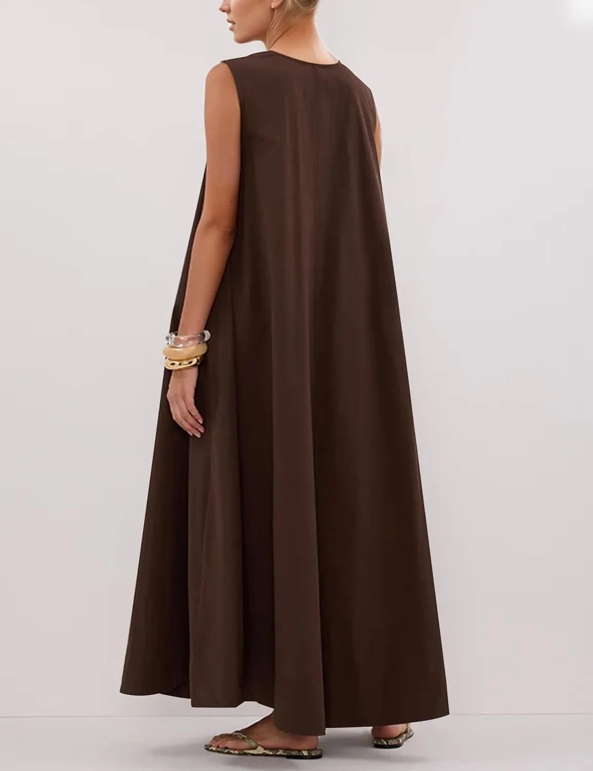 Womens Sleeveless Scoop Neck Long Dress Wide Shoulder Ruched Relaxed Summer Beach Vacation Maxi Sundress
