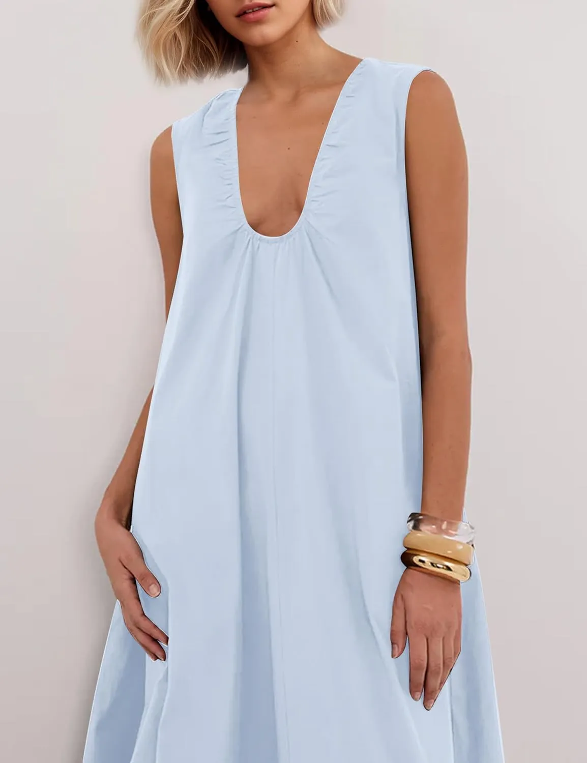 Womens Sleeveless Scoop Neck Long Dress Wide Shoulder Ruched Relaxed Summer Beach Vacation Maxi Sundress