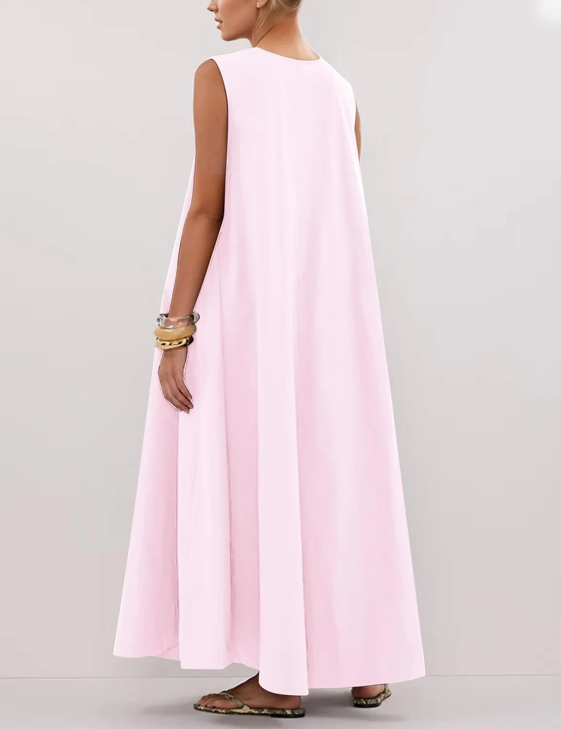 Womens Sleeveless Scoop Neck Long Dress Wide Shoulder Ruched Relaxed Summer Beach Vacation Maxi Sundress