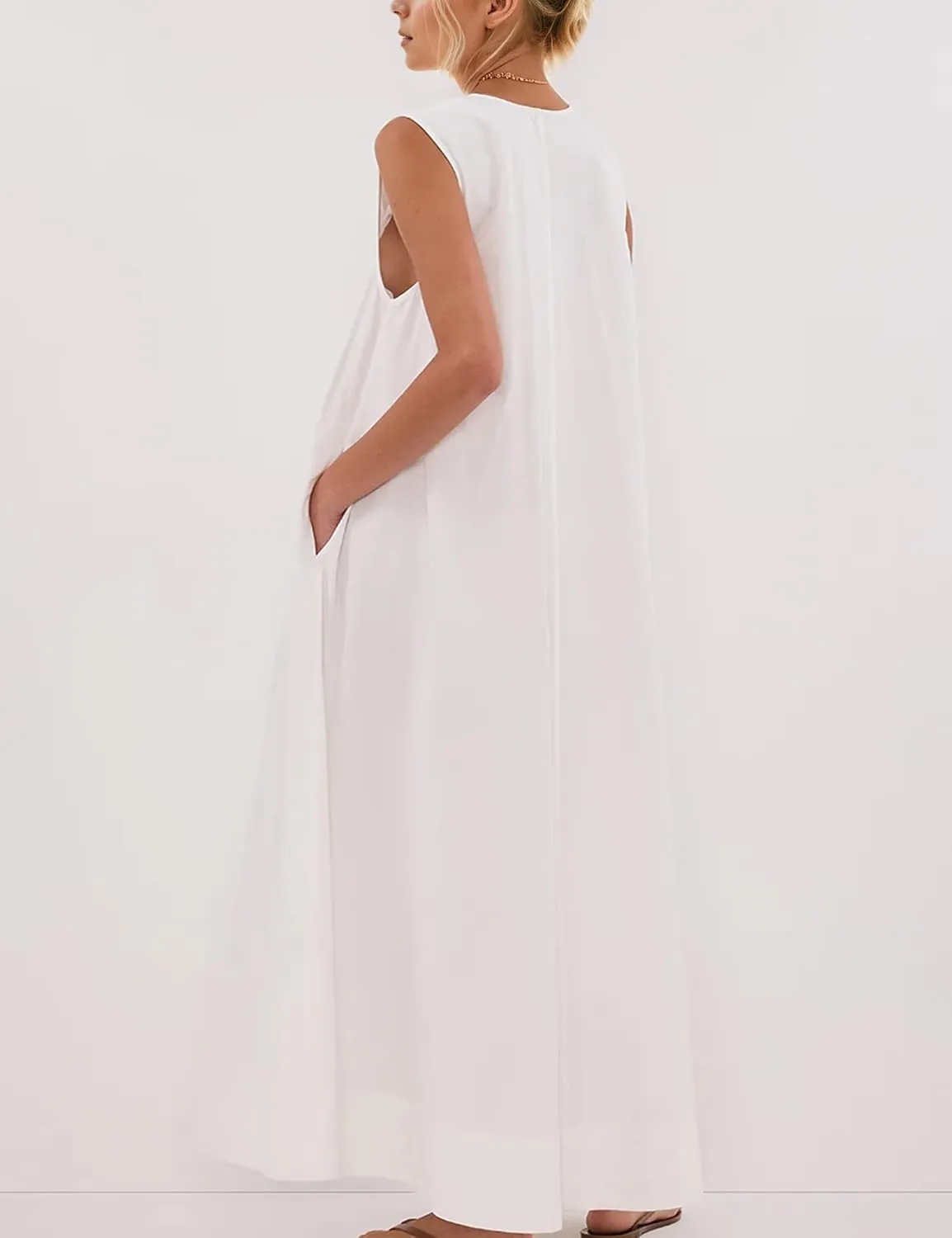Womens Sleeveless Scoop Neck Long Dress Wide Shoulder Ruched Relaxed Summer Beach Vacation Maxi Sundress