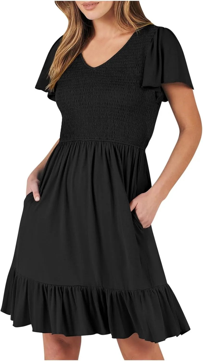 Womens Smocked Short Sleeve V Neck Mini Dress 2024 Summer Casual Ruffle Swing Hem Beach Vacation Dress with Pockets